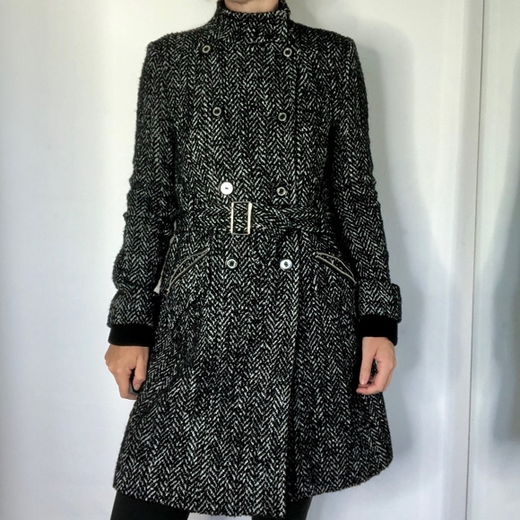 Express Jackets & Blazers - Express Belted Black White Wool  Long Peacoat